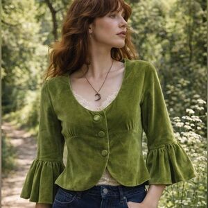 Vintage 1970s Patty Woodard Green Velvet Cropped Jacket size S/M